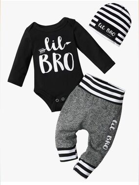 “Lil Bro” Black & Gray Baby Outfit Size 3-6 Months